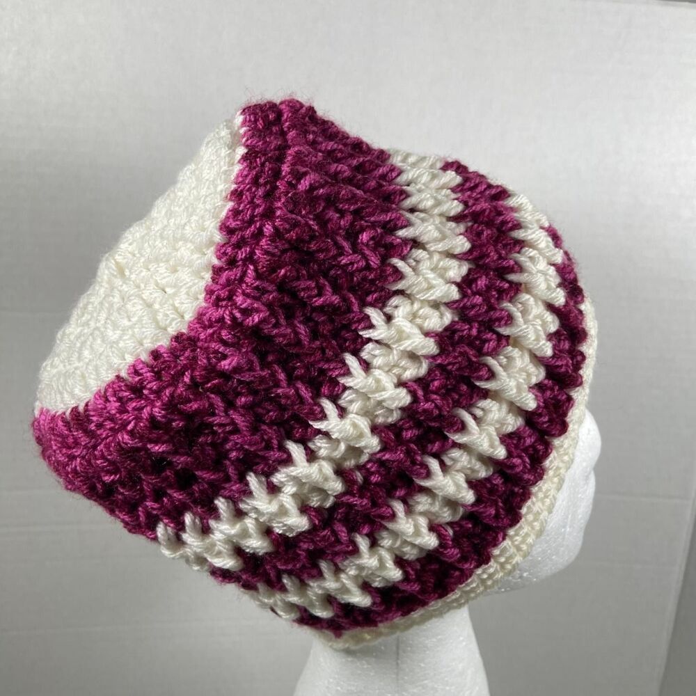 Unbranded Burgundy Cream Crochet Beanie Knit Hat Striped Winter
